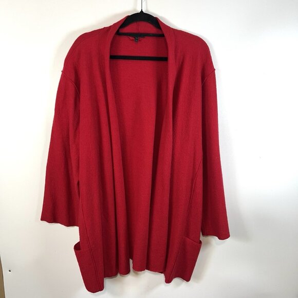 Eileen Fisher Red Enveloped Boiled Wool Open Kimono Cardigan Size L Longline - Picture 1 of 10